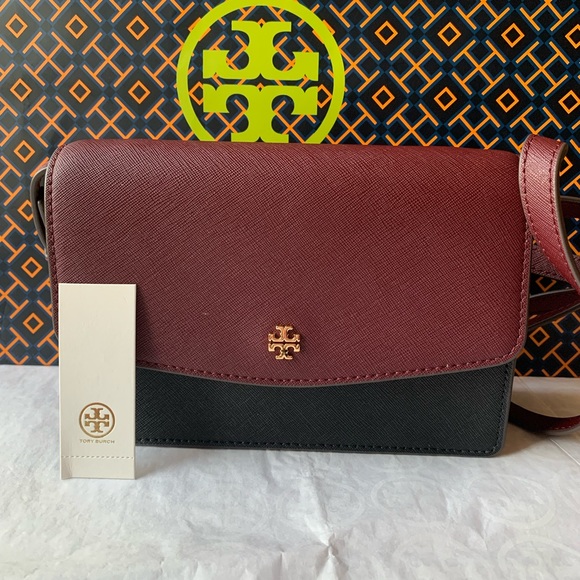 Tory Burch Handbags - Tory Burch Emerson Color Block Mini Shoulder Bag Crossbody Suede Black Burgundy